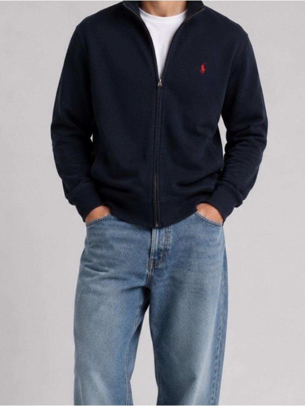 Polo by Ralph Lauren Casual Navy Full-Zip Sweater with Red Pony Embroidery Sz M